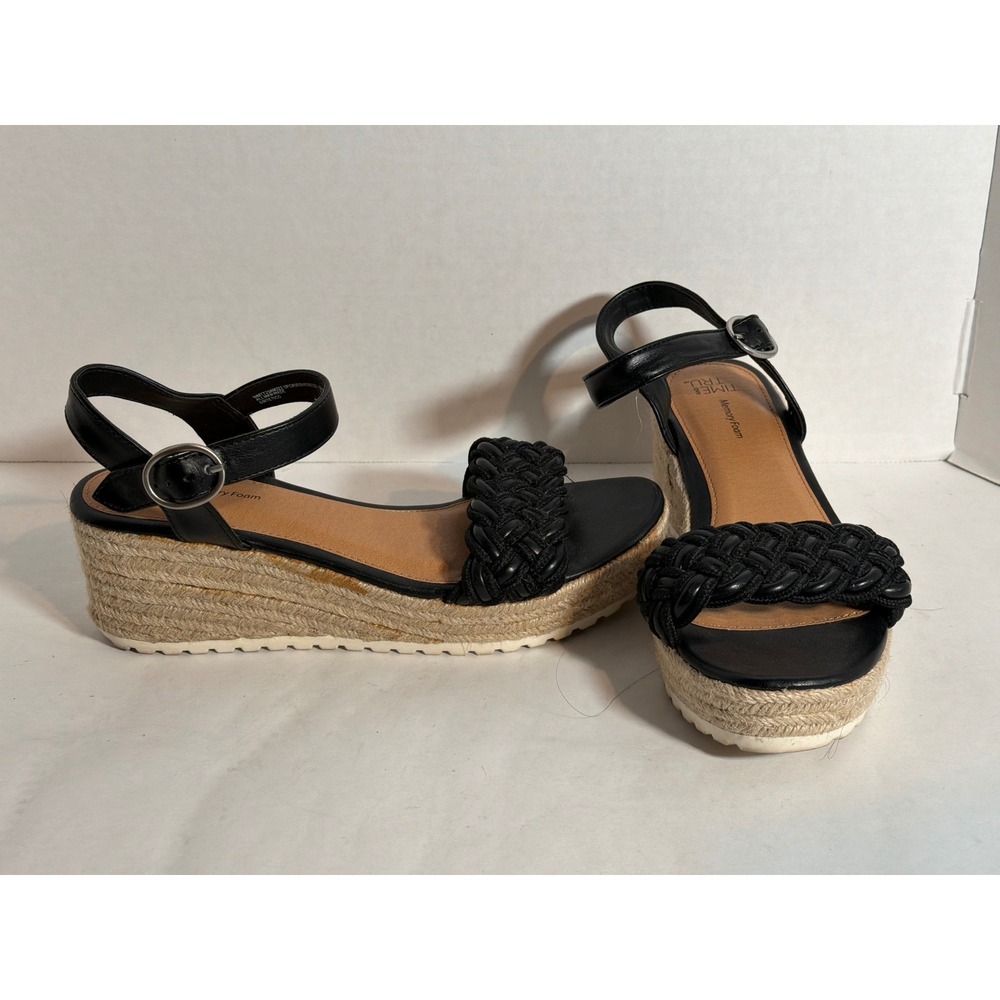 Time and Tru Black Braided Espadrille Wedge Sandals Memory Foam Women 8.5